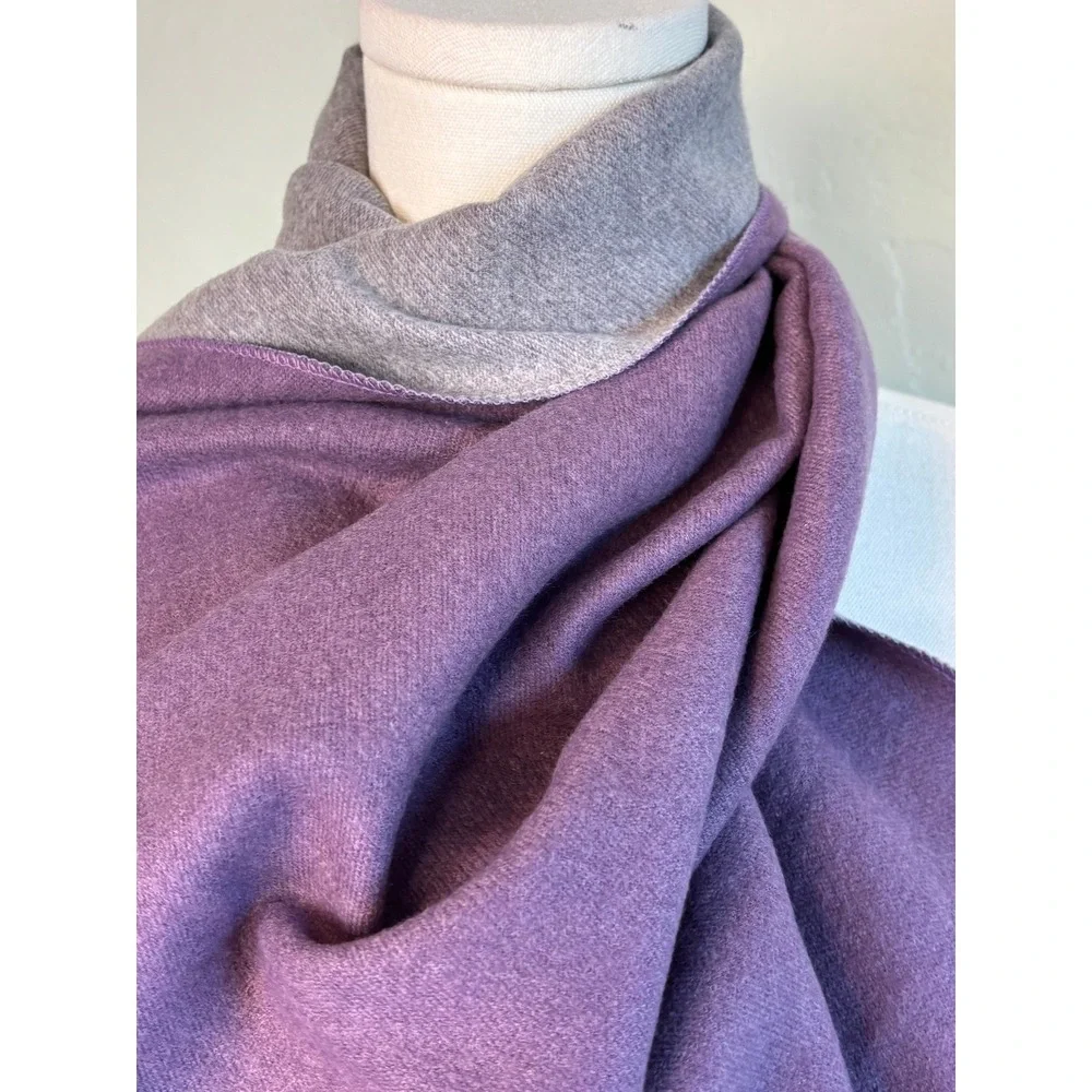 Alpaca Wool Scarf Purple Grey Greek Key Reversible Wrap OS Peru Fringe Shawl